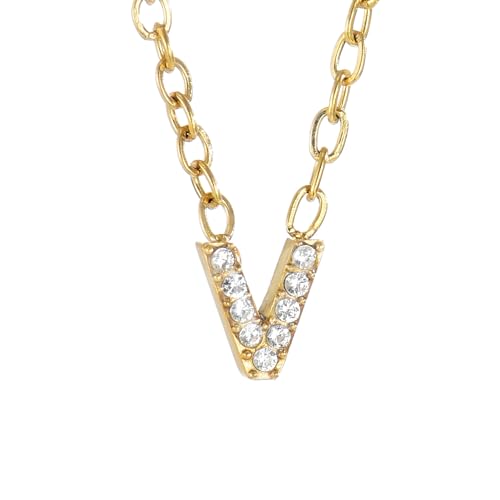 Small Letter Necklace for Women 18K Gold Plated Cubic Zirconia Tiny Initial Necklace Dainty Personalized Name Necklaces - color: V-Gold