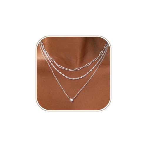 Layered Gold Necklace Set for Women Dainty Waterproof Cute Choker | 14K Gold Plated Minimalist Non Tarnish Lightweight CZ Pendant Pearl Twist Paperclip Chain Jewelry Gifts - style: 3PCS-Paperclip chain zircon-SL