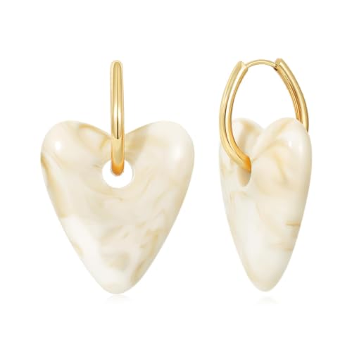 KissYan Resin Heart Earrings for Women, 14K Gold Plated Hoops | Chunky Acrylic Dangle Earrings, Lightweight Vintage Statement Jewelry for Vacation, Summer, Party and Daily Wear - color: Cream Marble