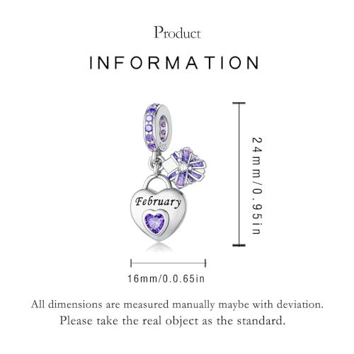 LNQOBU 925 Sterling Silve Heart-shaped Birthstone Charm for Bracelets, With 5A Cubic Zirconia Birthday Charms Dangle Pendant Bead for Pandora Bracelets - color: B-February