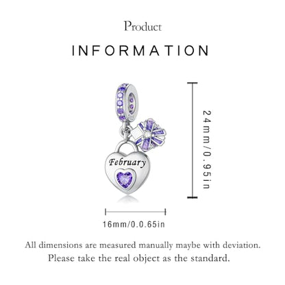 LNQOBU 925 Sterling Silve Heart-shaped Birthstone Charm for Bracelets, With 5A Cubic Zirconia Birthday Charms Dangle Pendant Bead for Pandora Bracelets - color: B-February