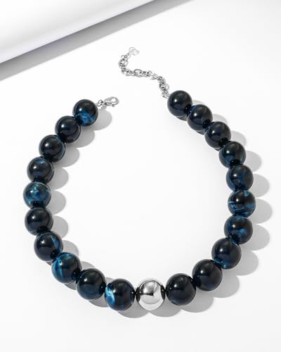 Chunky Beaded Choker Necklace for Women Boho Statement Necklace with Large Pearl Blue Brown Tone Resin Beads Summer Beach Jewelry Gifts - color: Montana Blue