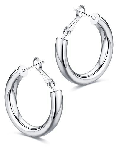 wowshow Gold Hoop Earrings for Women Chunky Hoops 14K Gold Plated Thick Hollow Tube Lightweight Earrings for Mother Birthday Gifts 20/25/30/40/50MM - color: Silver-22MM
