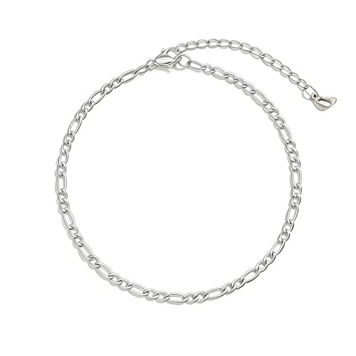 Waterproof Anklet 18K Gold/Sterlings Silver Plated Stainless Steel Ankle Bracelets for Women Figaro Pearls Chain Summer Beach Foot Jewelry 8.5+2Inches - color: Figaro,Silver