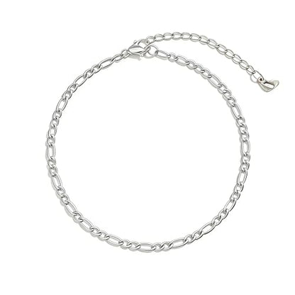 Waterproof Anklet 18K Gold/Sterlings Silver Plated Stainless Steel Ankle Bracelets for Women Figaro Pearls Chain Summer Beach Foot Jewelry 8.5+2Inches - color: Figaro,Silver