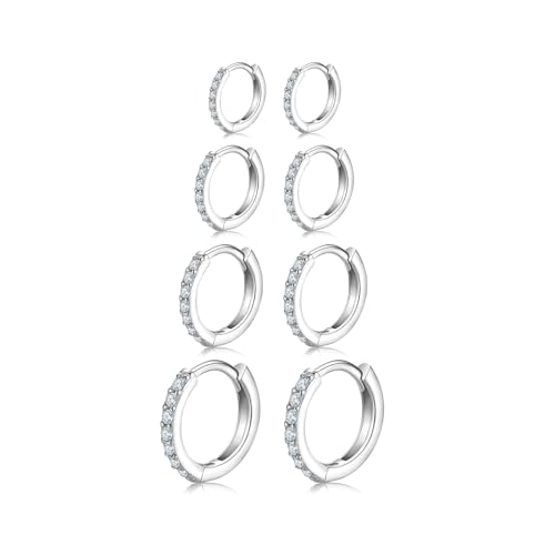 3 Pairs 925 Sterling Silver Small Hoop Earrings for Women Men | Cubic Zirconia, 14K White Gold Plated Huggie Hoop Earrings, Hypoallergenic - style: Aa-silver 6/8/10/12mm