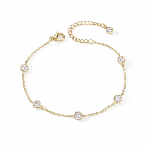 Bracelets for Women, Dainty Gold Silver Ring Bracelet Hand Chain | Cubic Zirconia Pearl Charms, 14K Gold Plated, Adjustable Fit, Trendy Stackable Link Chain, Waterproof Jewelry, Gift for Her - color: Gold-cz station bracelet