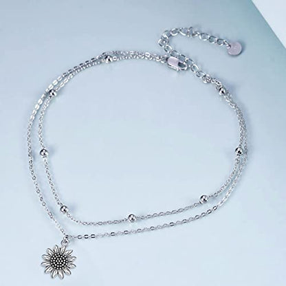 POPLYKE 925 Sterling Silver Double Layered Chain Evil Eye Daisy Sunflower Butterfly Anklets for Women Holiday Beach Crystal Ankle Bracelet Dainty Evil Eye Jewelry - style: Antiqued Sunflower Anklet