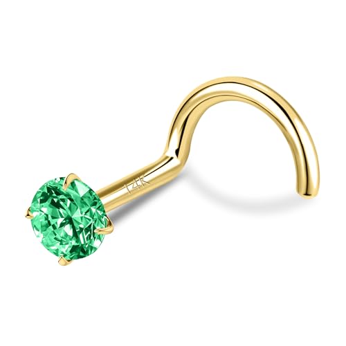 SYLWIA 14K Real Gold Nose Studs, 20g 18g L Shaped Nose Rings, Simulated Emerald Diamond CZ - 2mm 2.5mm 3mm, Hypoallergenic Corkscrew Nose Ring Piercing for Women Men - color: Green CZ/Screw, size: 20g(0.8mm),3mm Stone