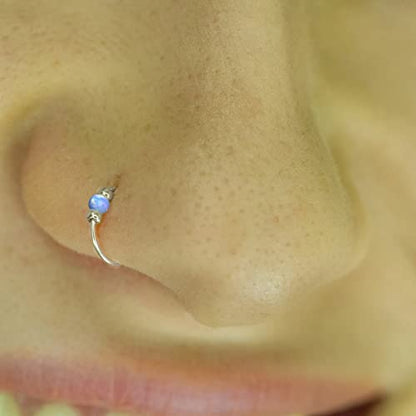 925 Sterling Silver & 14K Gold Filled Nose Ring Hoop Handmade Piercing Jewelry For Women - 24 Gauge 2mm,7mm Tiny Nose Ring with Opal - Gift Ready - color: Light Blue Opal Silver