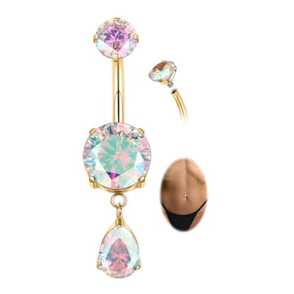 GAGABODY G23 Titanium Belly Button Rings Dangly Belly Ring Navel Piercing Ring Belly Piercing Jewelry 14G 3/8 inch 10mm Navel Barbell CZ - color: Gold+Dangly Waterdrop Shape Clear ABCZ