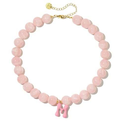 DoDoBeads Chunky Colorful Beaded Initial Necklace, Bubble Letter Choker | Gift box and dust pouch included; waterproof and sweat-resistant with real gold plated stainless steel hardware - color: Pink-M