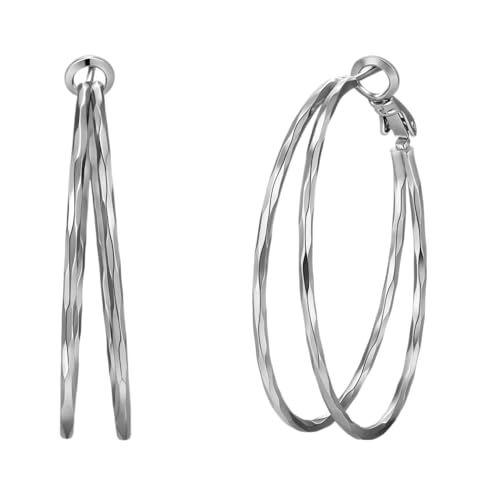 Diamond-Cut Double Hoop Earrings for Women 14k Gold Plated 925 Sterling Silver Posts Lightweight Hypoallergenic Split Hoop Earrings Trendy Jewelry Gifts for Women - color: SILVER