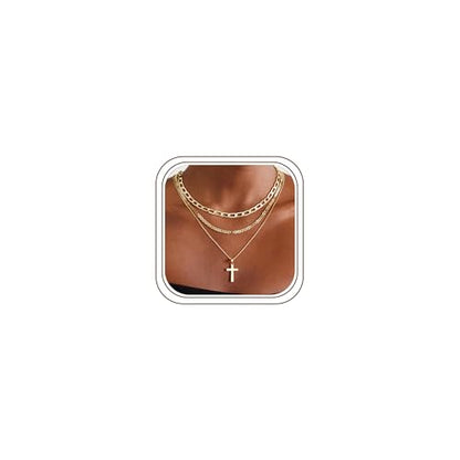 M MOOHAM Cross Necklace for Women Non Tarnish - 14K Gold Plated Dainty Clover Cross Layered Necklaces Stack Set Herringbone Figaro Paperclip Chain Necklace Trendy Religious Baptism Faith Jewelry Gifts - color: cross