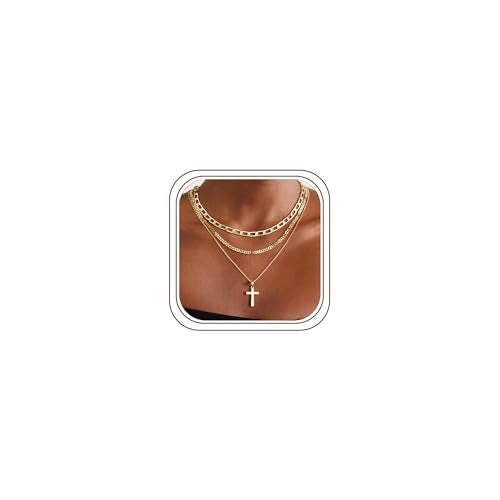 M MOOHAM Cross Necklace for Women Non Tarnish - 14K Gold Plated Dainty Clover Cross Layered Necklaces Stack Set Herringbone Figaro Paperclip Chain Necklace Trendy Religious Baptism Faith Jewelry Gifts - color: cross