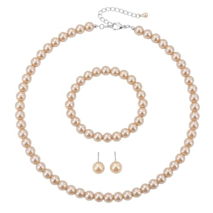 Simulated Pearl Jewelry Set Glass Imitation Pearls Choker Necklace Stud Earrings Elastic Bracelet Costume Jewelry for Women - color: Champagne