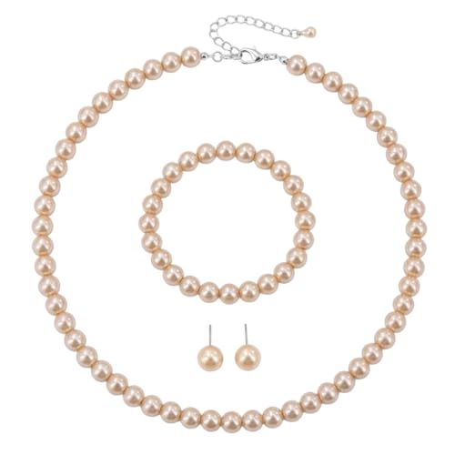 Simulated Pearl Jewelry Set Glass Imitation Pearls Choker Necklace Stud Earrings Elastic Bracelet Costume Jewelry for Women - color: Champagne