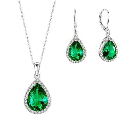 VONSSY Classic Oval Pendant Gemstone Necklace | Crystal Ruby Sapphire Waterdrop Birthstone Teardrop Emerald Necklace | 18K Platinum Gold Plated Chain | Jewelry Gift for Mother Wife Girlfriend - color: NL & ER - Green
