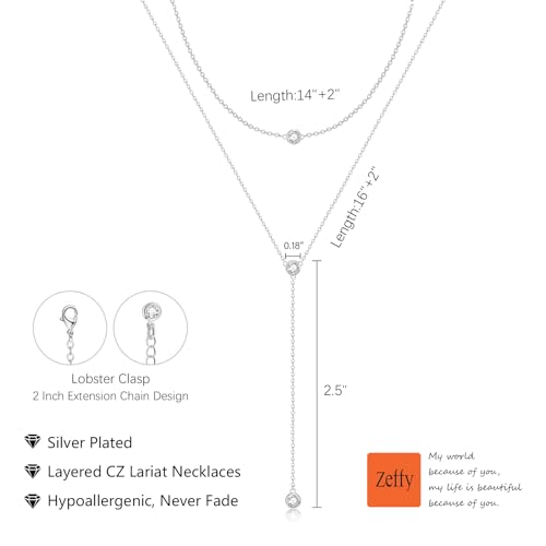 Zeffy Diamond Necklaces for Women, Dainty Gold Necklace 18k Gold Plated Layered Necklaces Simple Gold CZ Diamond Pendant Necklaces for Women Trendy Jewelry Gifts for Girls - color: Silver Three CZ Layered Y Necklace