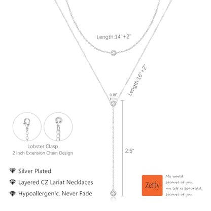 Zeffy Diamond Necklaces for Women, Dainty Gold Necklace 18k Gold Plated Layered Necklaces Simple Gold CZ Diamond Pendant Necklaces for Women Trendy Jewelry Gifts for Girls - color: Silver Three CZ Layered Y Necklace