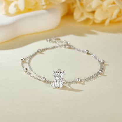 POPLYKE Frog/Pearl/Dragonfly/Ladybug/Highland Cow/Pearl/Moonstone Anklets Sterling Silver Double Layered Chain Beach Anklets for Women Foot Jewelry - style: Highland Cow Anklets