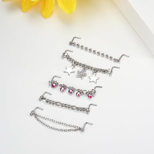 Stainless Steel Nose Rings Chain Horseshoe Nose Ring Body Piercing Jewelry | African Star Heart Studs Horseshoe Nose Cuff Septum Chain Body Piercing Jewelry Set for Women Men, Silver - color: Silver