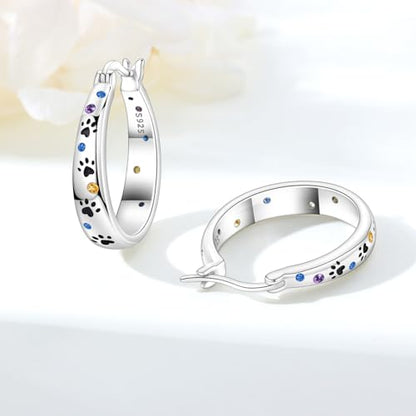 Floral Hoop Earrings 925 Sterling Silver with 14K Gold Plating – Lightweight CZ Flower Hoops | Hypoallergenic Jewelry for Women | Gift Box + Polishing Cloth - color: Paw Print Colorful Ear Hoop