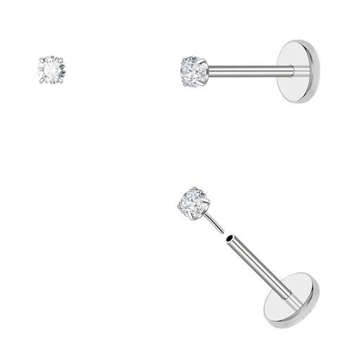 DAI JY 20G Threadless Flat Back Earrings hypoallergenic Titanium Small Stud Earrings Push-In CZ Nose Studs for Women Men Labret Cartilage Helix Conch Medusa Monroe Tragus Piercing Jewelry - color: Silver, size: 20g-2mm