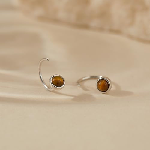 CHIC & ARTSY 925 Sterling Silver Half Hoop Earrings for Women, Dainty Huggie Hoops with Synthetic Opal, Moonstone, CZ & Gemstones, Lightweight Comfort Fit Everyday Elegant Jewelry - color: Synthetic Tiger's Eye/Silver