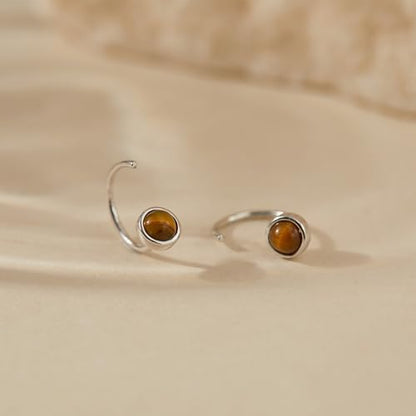 CHIC & ARTSY 925 Sterling Silver Half Hoop Earrings for Women, Dainty Huggie Hoops with Synthetic Opal, Moonstone, CZ & Gemstones, Lightweight Comfort Fit Everyday Elegant Jewelry - color: Synthetic Tiger's Eye/Silver