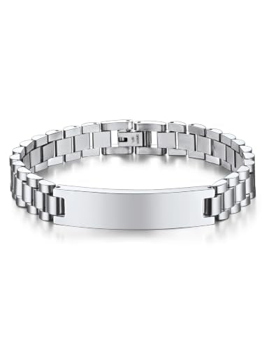 ChainsHouse Men Stainless Steel Bracelet Adjustable Custom ID Engraved Gift | Personalized Silver/Gold/Black for Birthday Father Husband Boyfriend with Gift Box Adjustable Tool 10mm/15mm/15.5mm 8.3"/8.7" - color: B.10mm Width-Silver-No Custom