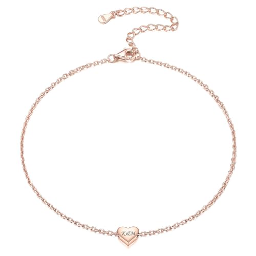 ChicSilver Personalized 925 Sterling Silver Tiny Heart/Moon/Star/Sun/Dot/Triangle Anklets Simple Dainty Foot Jewelry for Women, Silver/Gold Plated/Rose Gold Plated - style: Rose Gold Heart Custom