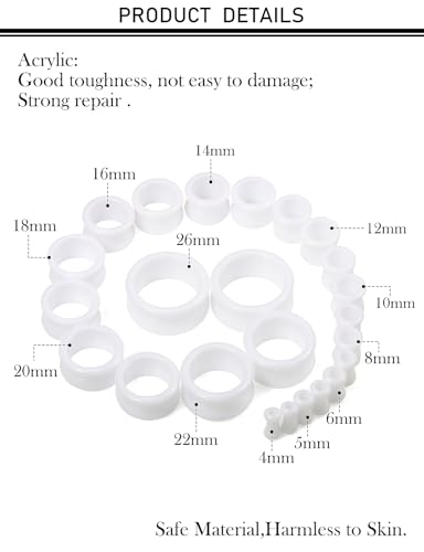 6G-26mm Acrylic Plastic Ear Gauges Tunnels Stretching Kit Double Flared Plugs Tunnels Expanders Stretcher Saddle Gauges Earrings for Men Women Black White Clear - color: White 6G-26mm