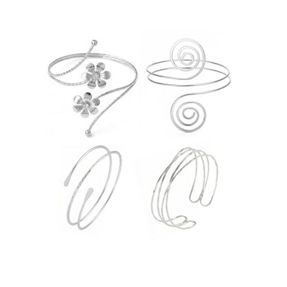 ItsStarred Minimalist Arm Cuff Gold Plated, Upper Arm Cuff Bangle Bracelet for Women, Adjustable Arm band Set 6 Pieces - color: A1: Silver Plated Coil 4pcs