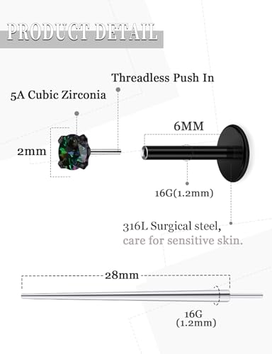 20G 18G 16G Threadless Nose Rings Studs Flat Back Earrings Surgical Stainless Steel CZ Nose Rings Stud Tragus Helix Conch Cartilage Earrings Stud Piercing Jewelry For Women Men Hypoallergenic - color: Black-Rainbow CZ, size: 16 Gauge-6mm Bar-2mm CZ