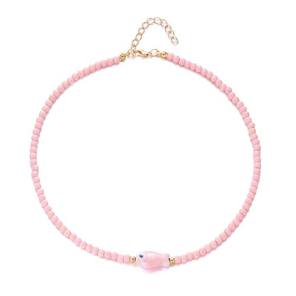 Seed Bead Choker Necklace for Women Bohemian Tiny Beads Choker Colorful Rice Bead Starfish Choker Summer Surfer Beach Necklace Jewelry Gift - color: D-Pink Fish
