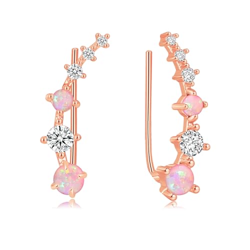 CiNily Star Opal Ear Cuffs Climber Earrings, 14K Gold CZ Ear Crawler Earrings for Women Small Cartilage Stud Earrings Fashion Hypoallergenic Jewelry Christmas Day Gifts, White Gold, Rose Gold - color: Rose Gold-Pink Opal, size: Round Opal