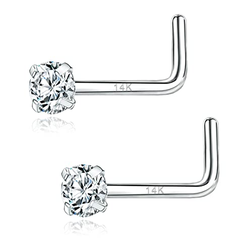 PunkTracker 20g 14K Real Gold Nose Rings CZ Simulated Diamond Nose Studs | Hypoallergenic Nostril Nose Piercing Jewelry for Women Men - color: 2pcs, 1.5mm, L-shape