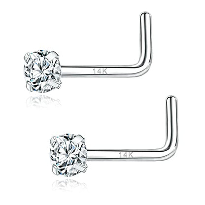 PunkTracker 20g 14K Real Gold Nose Rings CZ Simulated Diamond Nose Studs | Hypoallergenic Nostril Nose Piercing Jewelry for Women Men - color: 2pcs, 1.5mm, L-shape