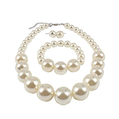 COLORFUL BLING Chunky Multicolor Simulated Pearl Choker Necklace Drop Dangle Earrings Bracelet Set Crystal Bib Big Large Round Beaded Strand for Women Brides Costume Statement 1920s Wedding Jewelry - color: White1