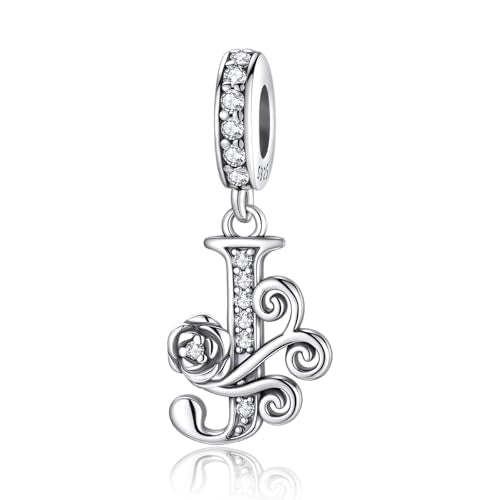 LNQOBU Complete A~Z Alphabet Charm Letter Beads, Solid 925 Sterling Silver with Cubic Stones Rose Alphabet Charm fits Pandora Bracelets Necklace Women Jewelry - color: CYT-J