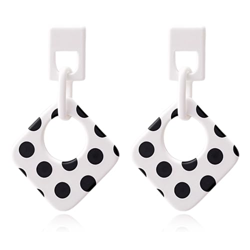 Handmade Lightweight Retro Polka Dot Square Hollow Round Dangle Drop Earrings Unique Chic Resin Geometric Stud Earrings For Women - style: White Chain