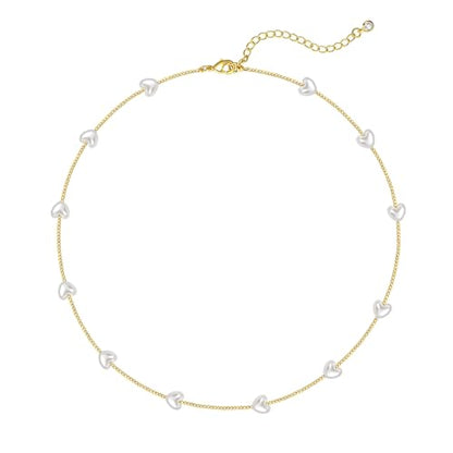 Zeffy Dainty Gold Heart Necklace for Women Trendy 14K Gold/Silver Plate Cute Heart Pendant Choker Necklaces Gold Love Heart Chain Necklace for Women Dainty Gold Jewelry Gifts for Women - style: Pearl Puffy Heart Choker-Gold