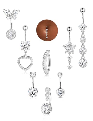 ORAZIO Gold Belly Button Ring Dangle Hypoallergenic Surgical Stainless Steel Belly Rings for Women 14G Belly Button Piercing Cute Navel Ring Belly Piercing Jewelry - color: Silver