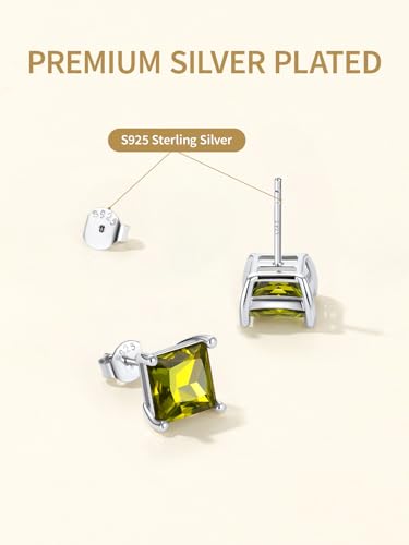 FindChic 2 Carat Birthstone Stud Earrings for Women, Round/Heart/Princess Cut Stud Earrings, Hypoallergenic Studs with 925 Sterling Silver Posts, 12 Months Birthday Jewelry Gift - color: 05. May-Emerald(Princess Cut)