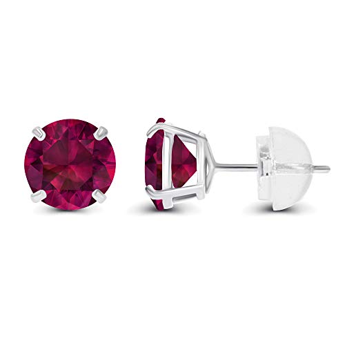 Solid 14K Yellow, White or Rose Gold 4mm Round Genuine Gemstone Birthstone Prong Set Stud Earrings For Women - color: Ruby Created