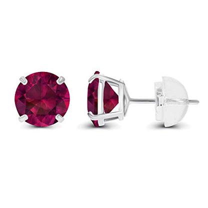 Solid 14K Yellow, White or Rose Gold 4mm Round Genuine Gemstone Birthstone Prong Set Stud Earrings For Women - color: Ruby Created