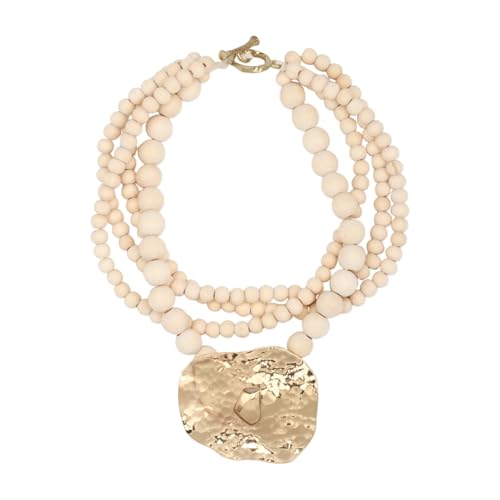 Multi Strand Bead Pendant Necklace for Women Stone Wood Pearl Jewelry | Gold Color Metal Charm Fashion Ethnic Tribal Elegant Statement - color: N1537-wood