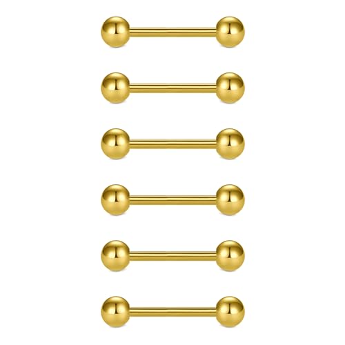 VCMART 12mm-18mm 14G Tongue Rings Nipple Straight Barbells Surgical Steel Body Piercing Jewelry - style: Style D -6pcs, gold