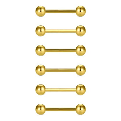 VCMART 12mm-18mm 14G Tongue Rings Nipple Straight Barbells Surgical Steel Body Piercing Jewelry - style: Style D -6pcs, gold